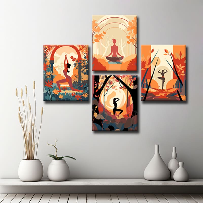 Exklusive Yoga LeinwandKunst Stilvolle und Ausdrucksstarke GaleriewandBilder, 4-teilig