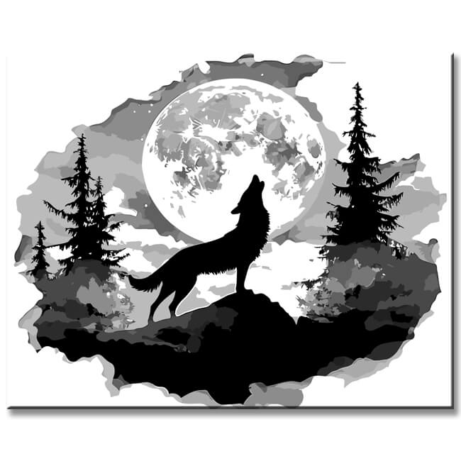 Malen nach Zahlen Kunst 3d Wolf steht auf dem Berg und jault vor dem Vollmond