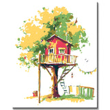 Malen nach Zahlen Kunst Illustration rotes Baumhaus im gelb-grünen Baum