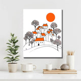 Malen nach Zahlen Illustration weiße Häuser mit orangenem Dach und schwarze Bäume