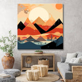 Malen nach Zahlen - Minimalistisches Landschaftsposter mit Berge und Sonne