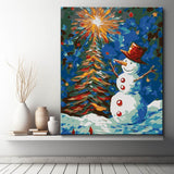 Weihnachtsbaum mit Schneemann bei Nacht - Malen nach Zahlen