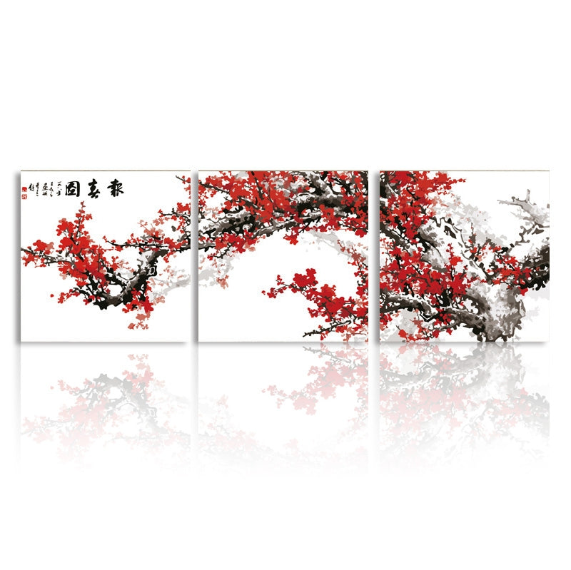 Malen nach Zahlen Triptychon Blumen rote bluten asiatisch