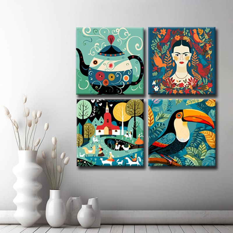 Folk Art auf Bilderwand Stilvolle und Traditionelle LeinwandBilder für Ihre Wanddekoration, 4-teilig