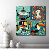Folk Art auf Bilderwand Stilvolle und Traditionelle LeinwandBilder für Ihre Wanddekoration, 4-teilig