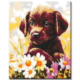 Malen nach Zahlen Hund im Blumenfeld