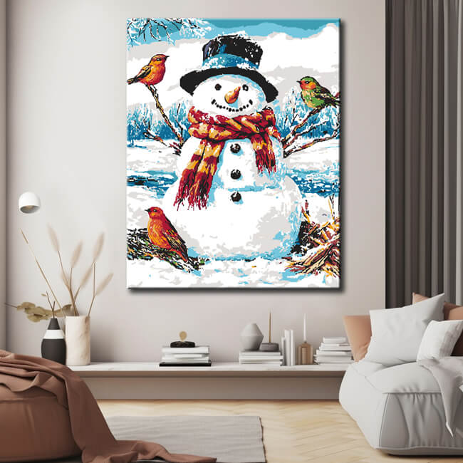 Malen nach Zahlen Schneemann mit Vögeln
