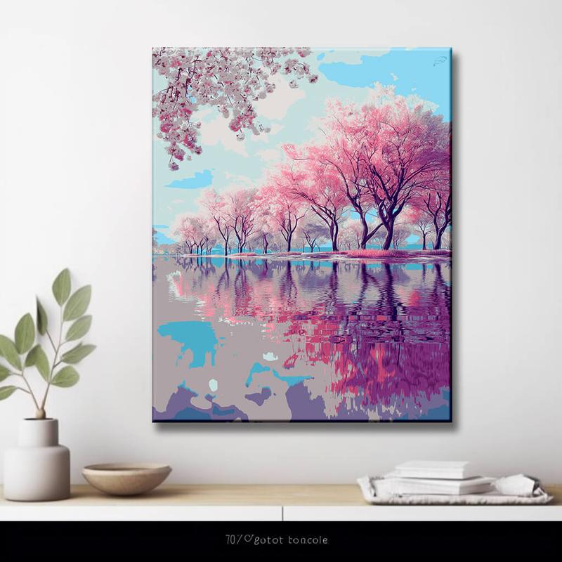Malen nach Zahlen Bilder Rosa Bäume Spiegelung