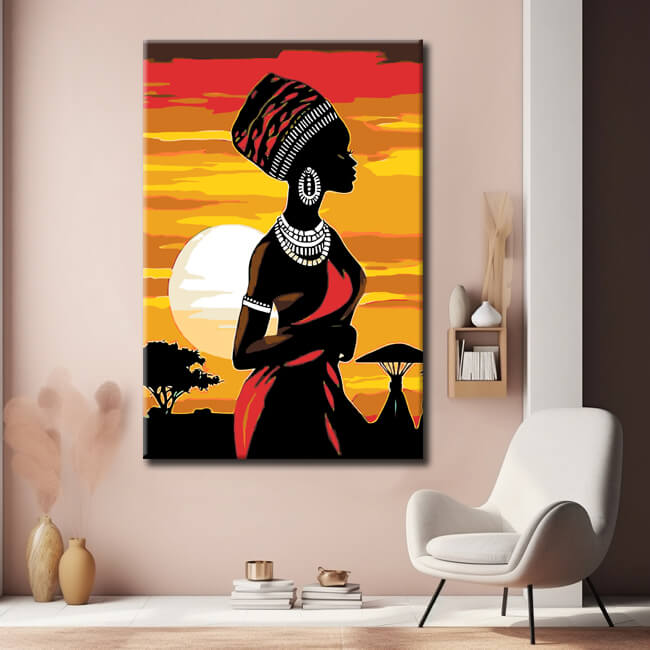 Malen nach Zahlen Afrika Kunst Frau in einem roten Kleid