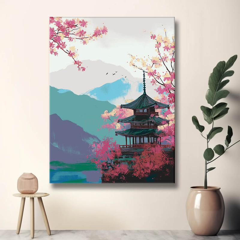 Malen nach Zahlen China Kirschblüte Pagoda Landschaft