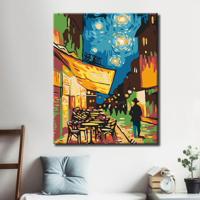 Malen nach Zahlen Cafeterrasse am Abend im Van Gogh Stil