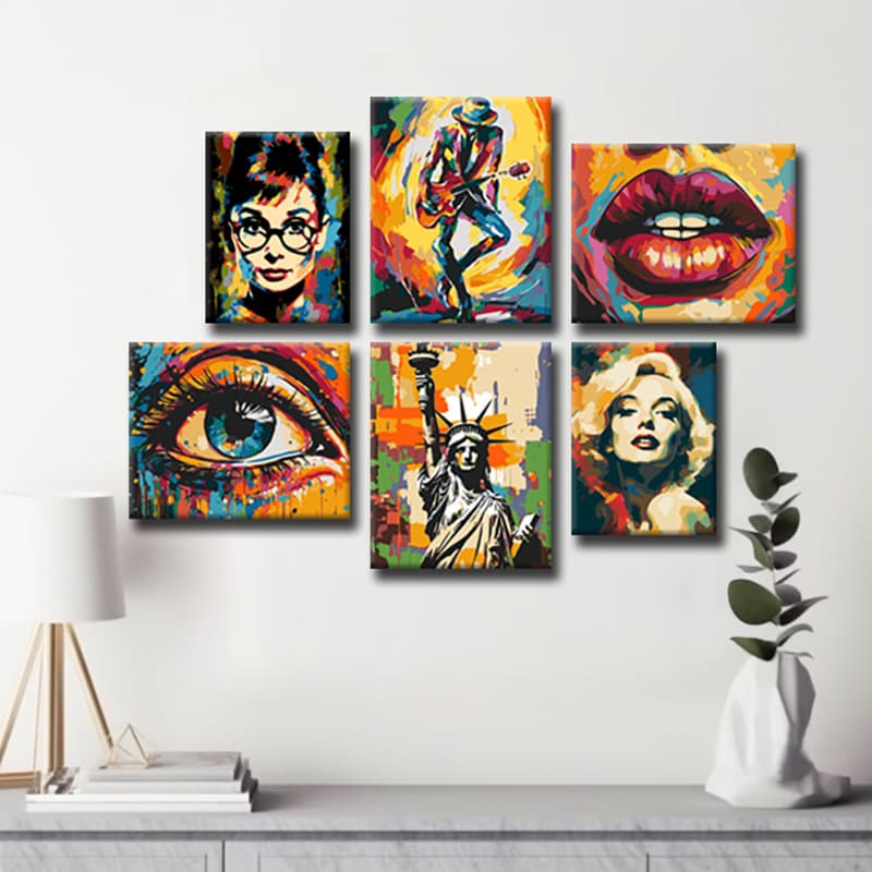 Pop-Art Kunst Ikonen als Bilderwand  Farbenfrohe und Lebendige LeinwandBilder, 6-teilig