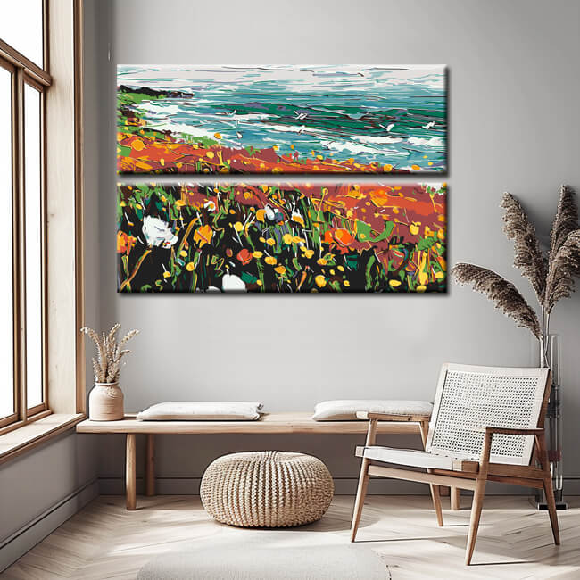 Painting by Numbers Panoramic Flower Meadow by The Sea, - 2-Panel