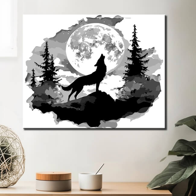 Malen nach Zahlen Kunst 3d Wolf steht auf dem Berg und jault vor dem Vollmond