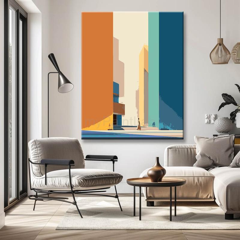 Malen nach Zahlen Kunst Minimalismus Orange Haus mit Leiter