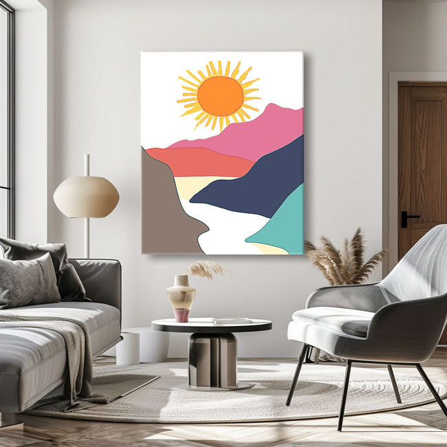 Malen nach Zahlen Kunst Minimalismus Sonnenaufgang hinter den Bergen