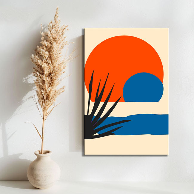 Malen nach Zahlen Minimalismus roter Sonnenuntergang mit Wasser und Palmenblatt