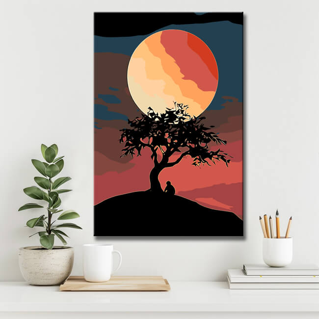 Malen nach Zahlen FotoKunst roter Vollmond mit Baum im Nachthimmel