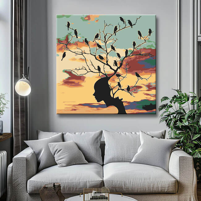 Malen nach Zahlen Kunst Vögel auf Baum in Nachtstimmung