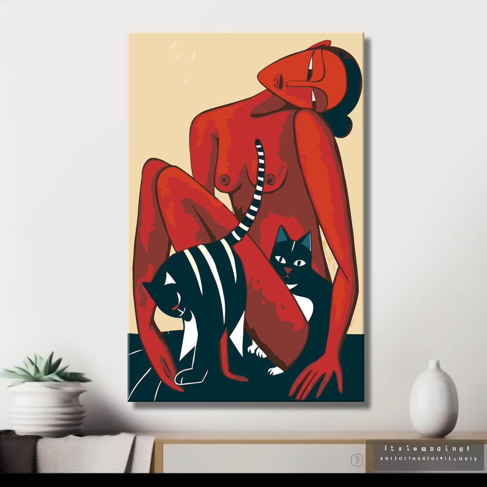 Malen nach Zahlen Akt Frau Katze Rot Minimalistisch Modern