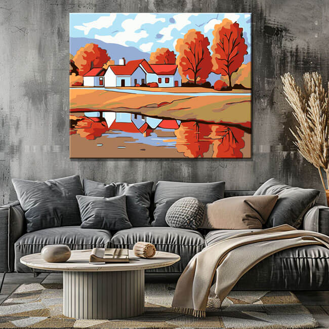 Malen nach Zahlen Kunst Illustration Herbstlandschaft bunte Häuser