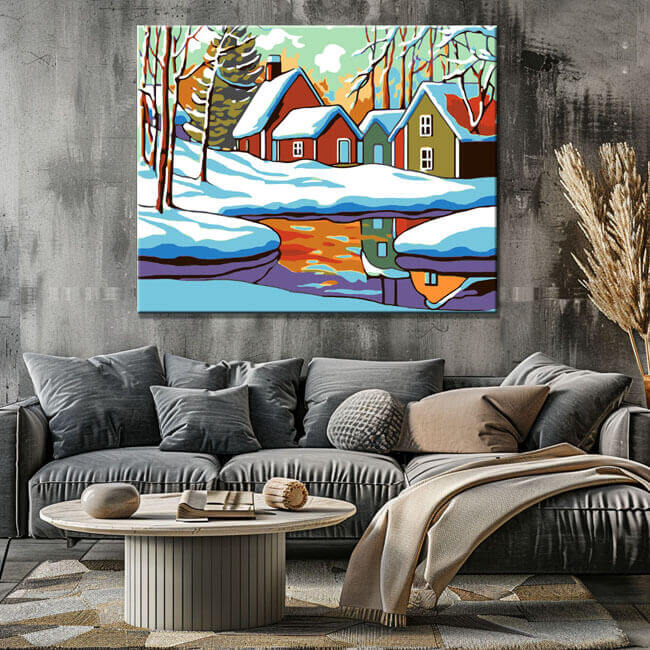 Malen nach Zahlen Kunst Illustration Winterlandschaft bunte Häuser