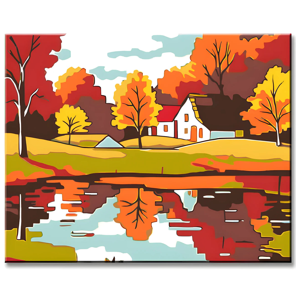 Malen nach Zahlen Kunst Illustration Herbstlandschaft Reflektion im Wasser