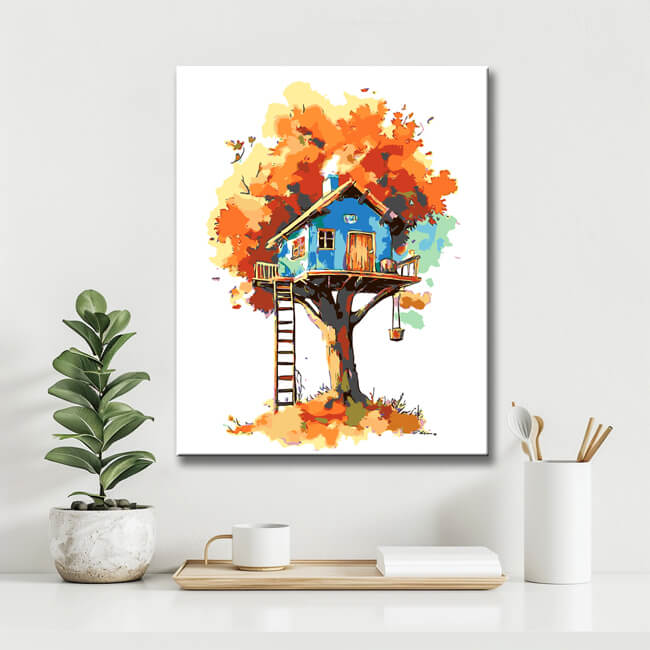 Malen nach Zahlen Kunst Illustration Blaues Baumhaus im roten Baum