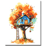 Malen nach Zahlen Kunst Illustration Blaues Baumhaus im roten Baum