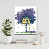 Malen nach Zahlen Kunst Illustration gelbes Baumhaus im violetten Baum