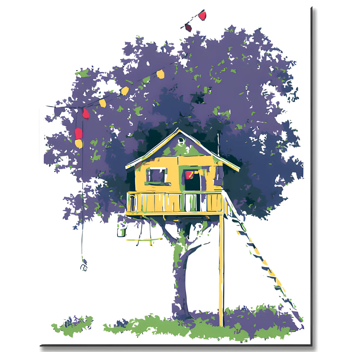 Malen nach Zahlen Kunst Illustration gelbes Baumhaus im violetten Baum