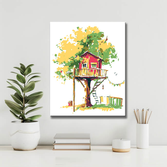 Malen nach Zahlen Kunst Illustration rotes Baumhaus im gelb-grünen Baum