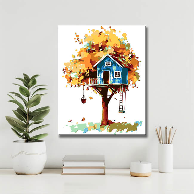 Malen nach Zahlen Kunst Illustration Blaues Baumhaus im gelben Baum