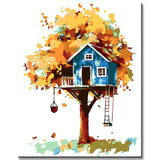 Malen nach Zahlen Kunst Illustration Blaues Baumhaus im gelben Baum
