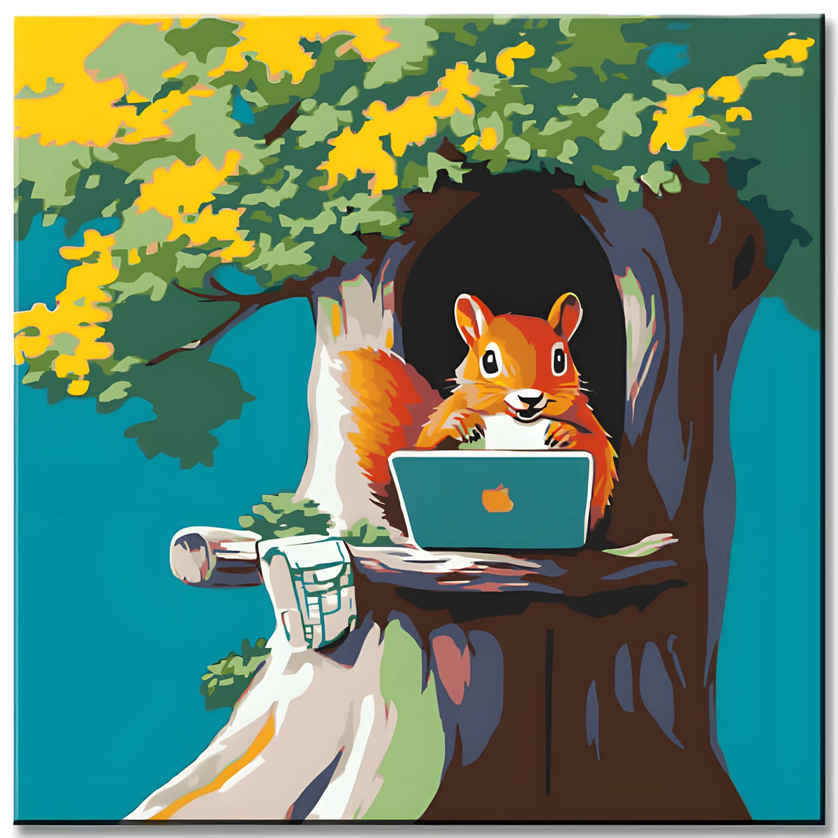Malen nach Zahlen Kunst Illustration Eichhörnchen mit Laptop im Baum