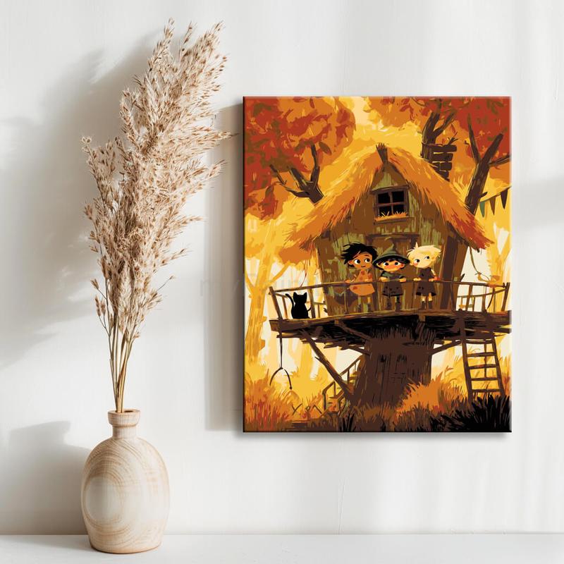 Malen nach Zahlen Kunst Illustration Halloween-Baumhaus mit Kindern