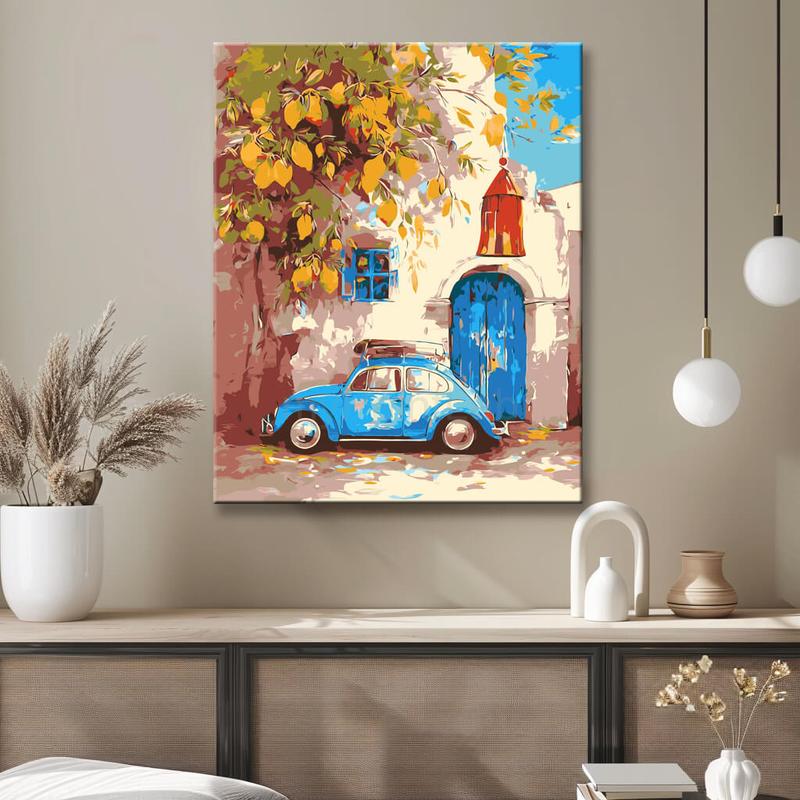 Malen nach Zahlen Kunst Illustration Steinvase mit Obst und Auto