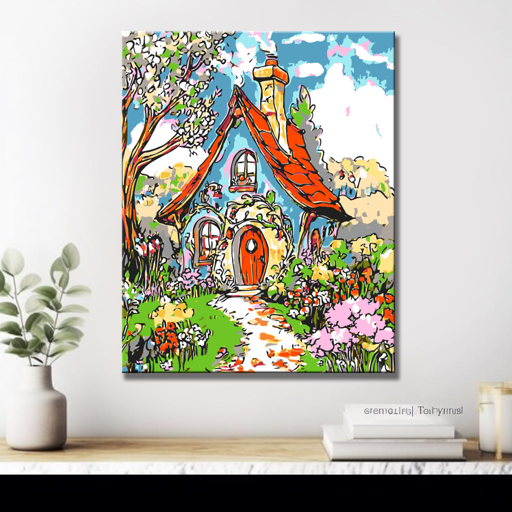 Malen nach Zahlen Kunst Illustration Haus mit Weg im Sommer