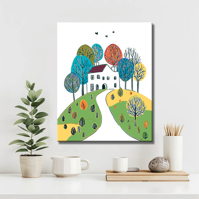 Malen nach Zahlen Illustration weißes Haus in der Landschaft mit bunten Bäumen