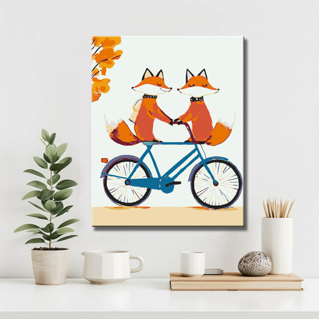 Malen nach Zahlen Tiere Zwei Füchse auf dem Fahrrad