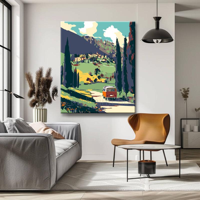 Malen nach Zahlen Kunst Landschaft Auto fährt einen Weg entlang