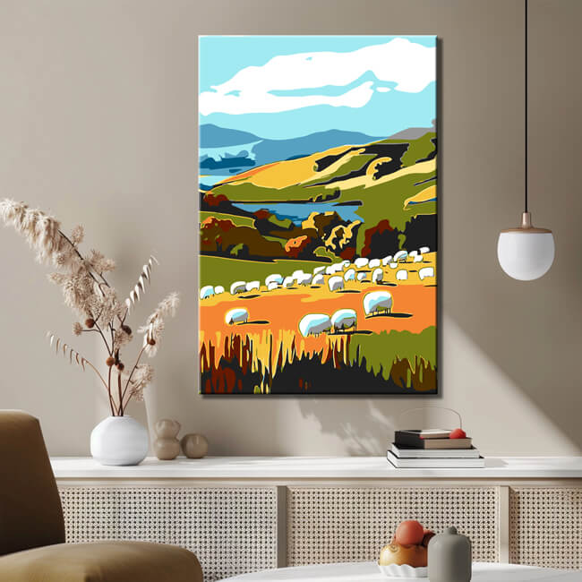 Malen nach Zahlen Kunst Landschaft mit weissen Schafen