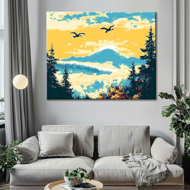 Malen nach Zahlen Kunst Natur Gänse fliegen im Sonnenaufgang über die Berge