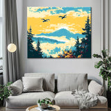 Malen nach Zahlen Kunst Natur Gänse fliegen im Sonnenaufgang über die Berge