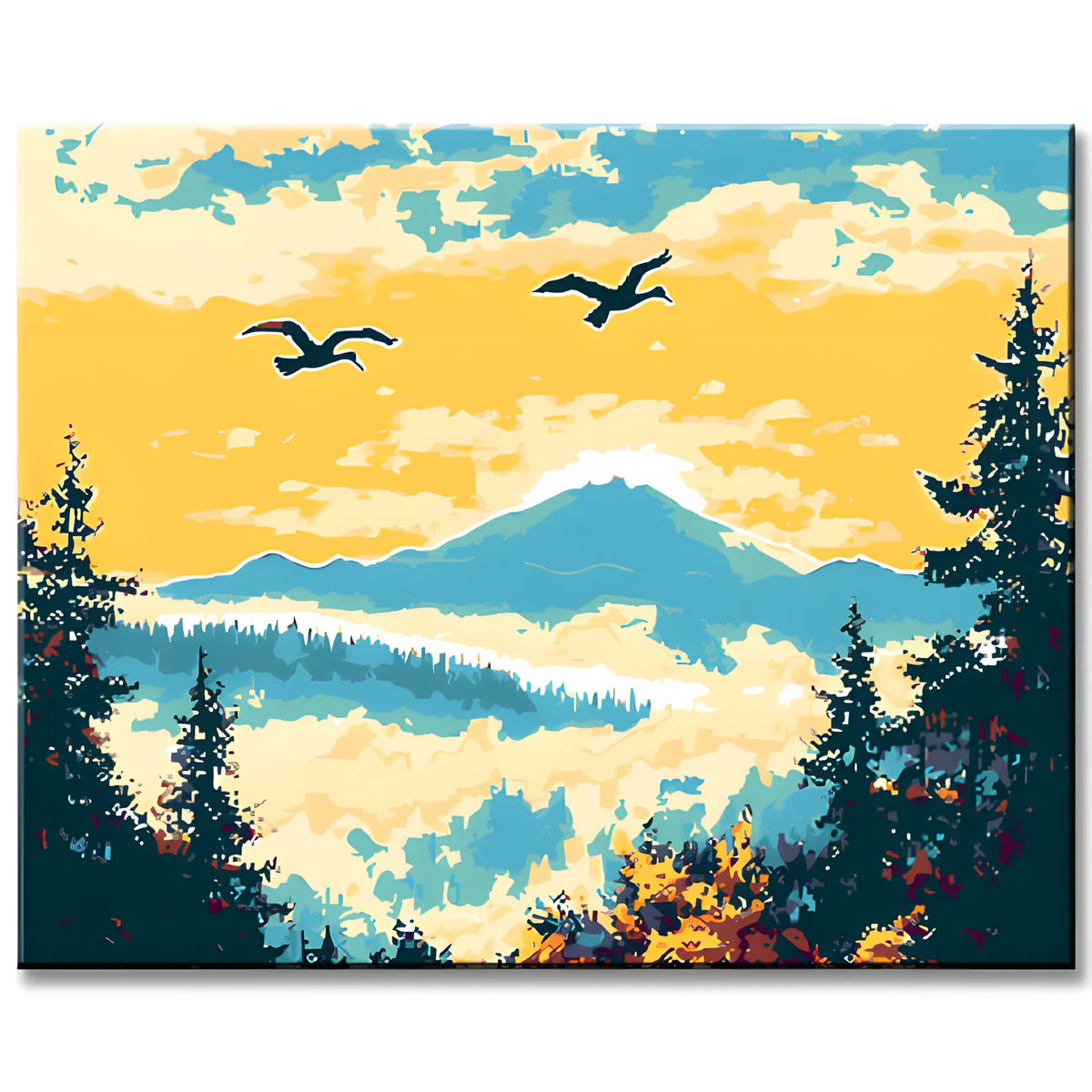 Malen nach Zahlen Kunst Natur Gänse fliegen im Sonnenaufgang über die Berge