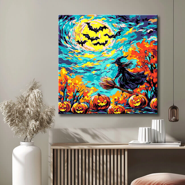 Malen nach Zahlen Kunst Natur Halloween Hexe fliegt auf Besen