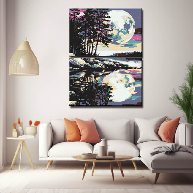 Malen nach Zahlen Kunst Natur Vollmond spiegelt sich im Wasser