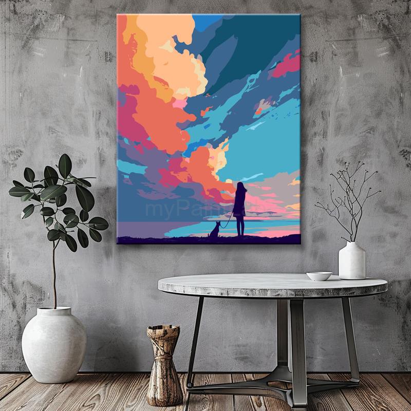 Malen nach Zahlen Kunst Natur Mädchen mit Hund und exotischen Wolken