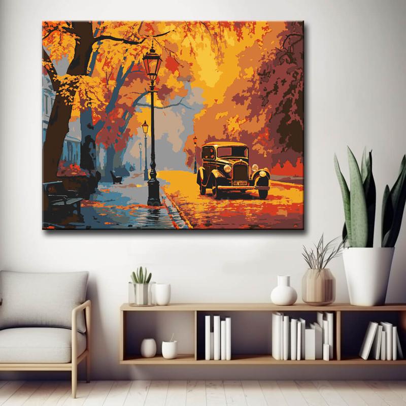Malen nach Zahlen Herbst Stadt mit Oldtimer