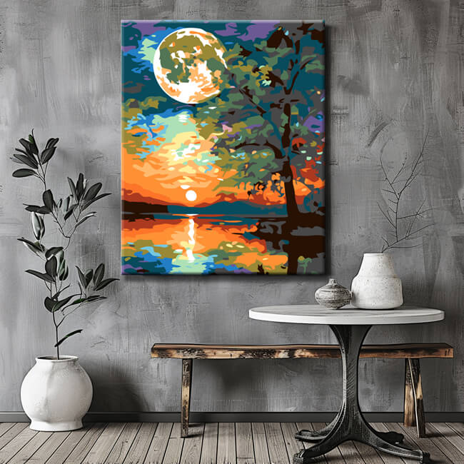 Malen nach Zahlen Seen-Landschaft mit Sonne und Mond